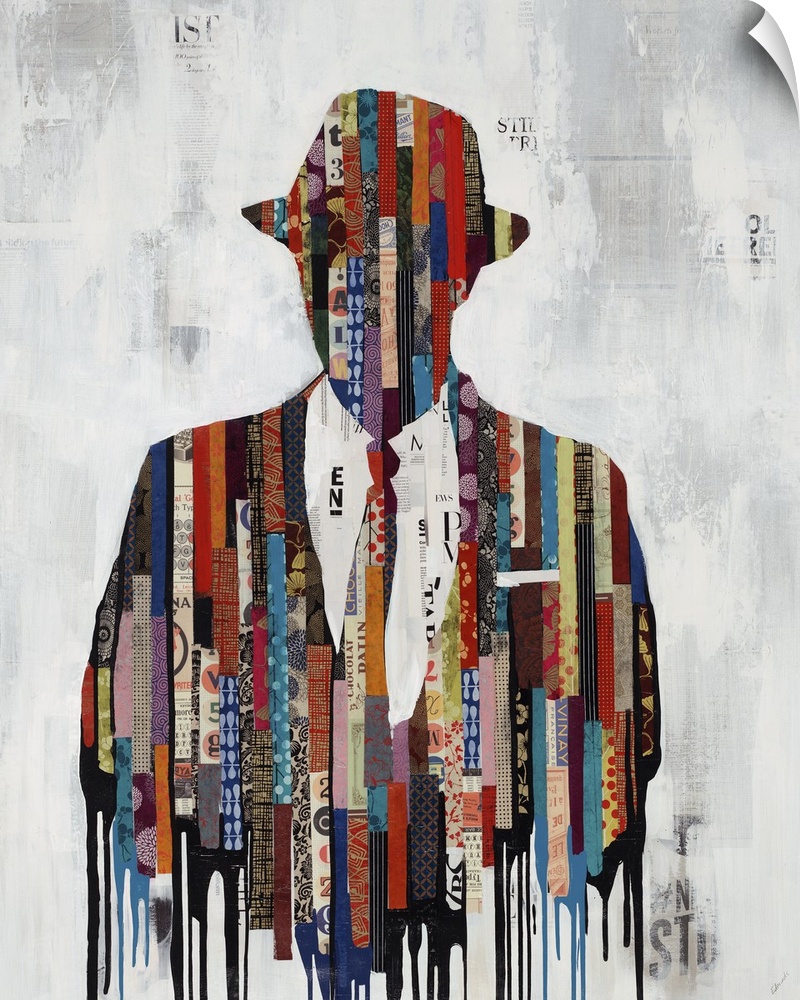 Contemporary art of a bust of a man in a jacket, tie and hat, his figure a collaged collection of vertical strips of paper...
