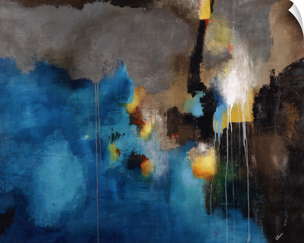 Abstract painting using bright blue toward the bottom of the image with light earthy tones toward the top dripping down.