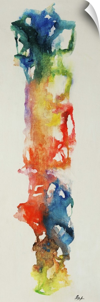 Vertical panoramic watercolor painting that looks as if multicolored splashes of paint were allowed to run down the length...