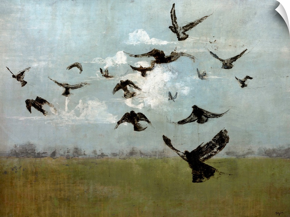 Contemporary painting of bird silhouettes flying in cloudy sky.