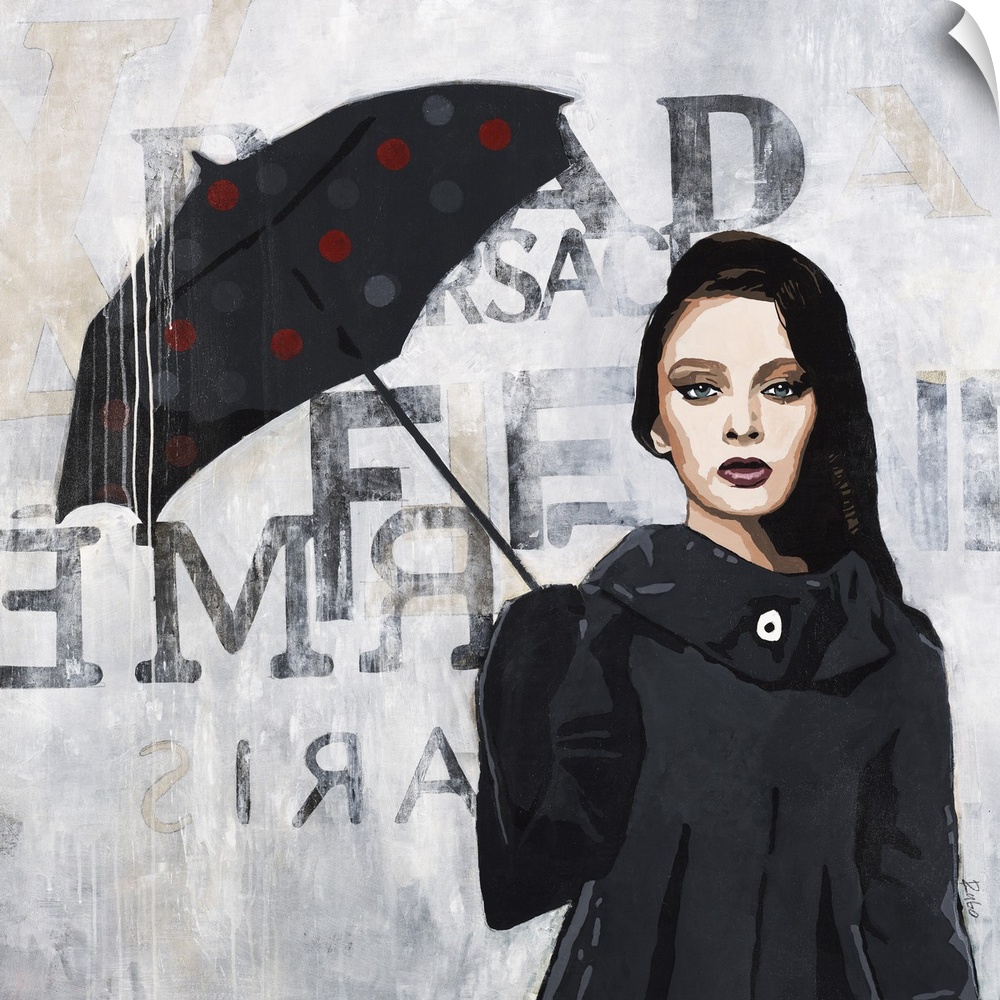 Square artwork of a woman wearing a black rain coat and carrying a polka dotted umbrella with a gray and white background ...