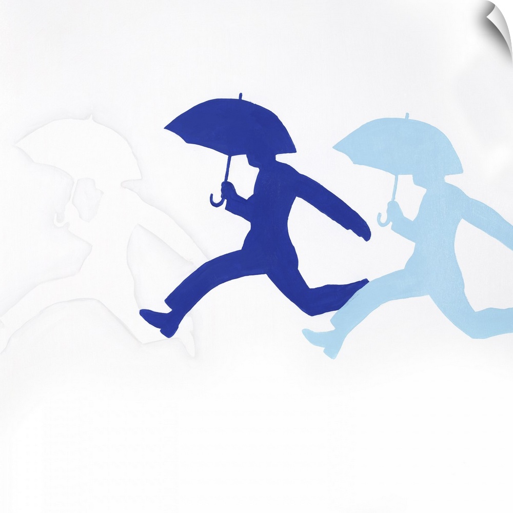 Repetitive image of a person jumping with an umbrella in colors of white, navy and blue.