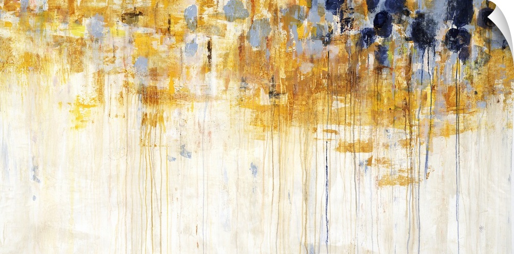 A large horizontal contemporary painting of vibrant yellow and brown colors dripping vertically.