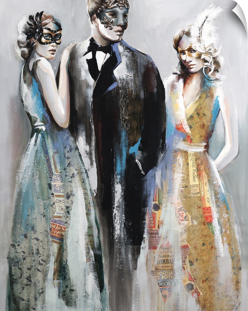 Contemporary artwork created with mixed media of three people in masquerade masks dressed up for a ball.