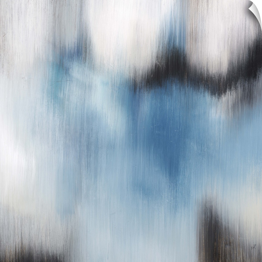 Contemporary abstract painting using blue and gray tones in a vertically blurred motion.