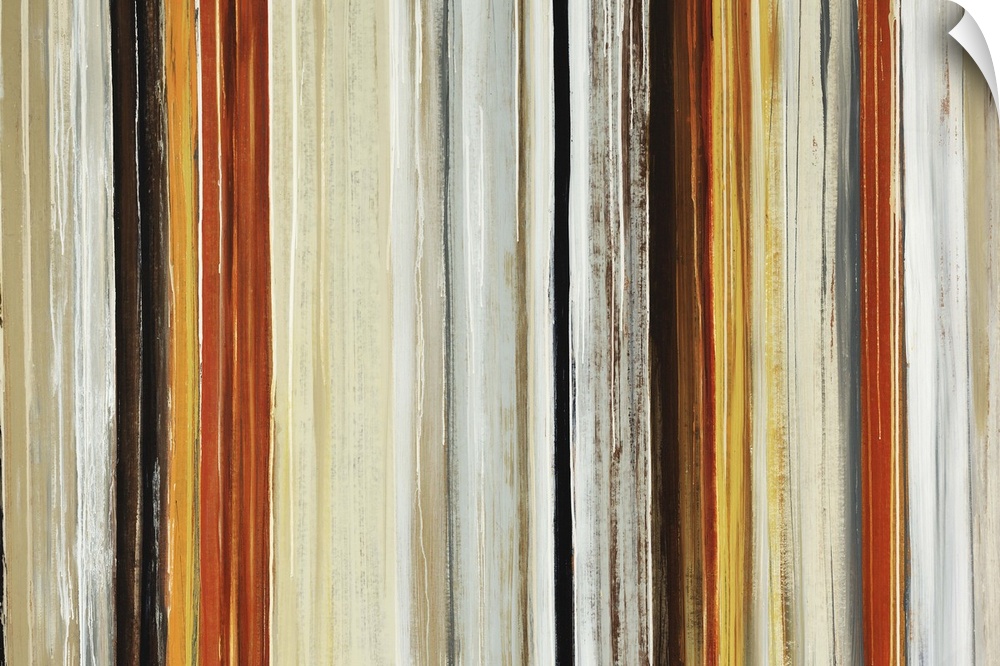 An abstract piece that is horizontal with neutral colored stripes running vertically across the print.
