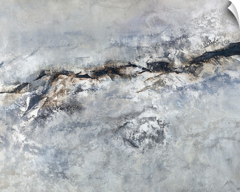 Contemporary abstract painting with shades of gray, silver, blue, and brown creating texture.