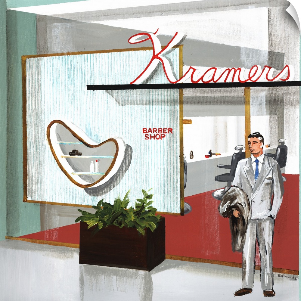 Contemporary square painting of a man in a gray suit standing outside of a barber shop called "Kramers"