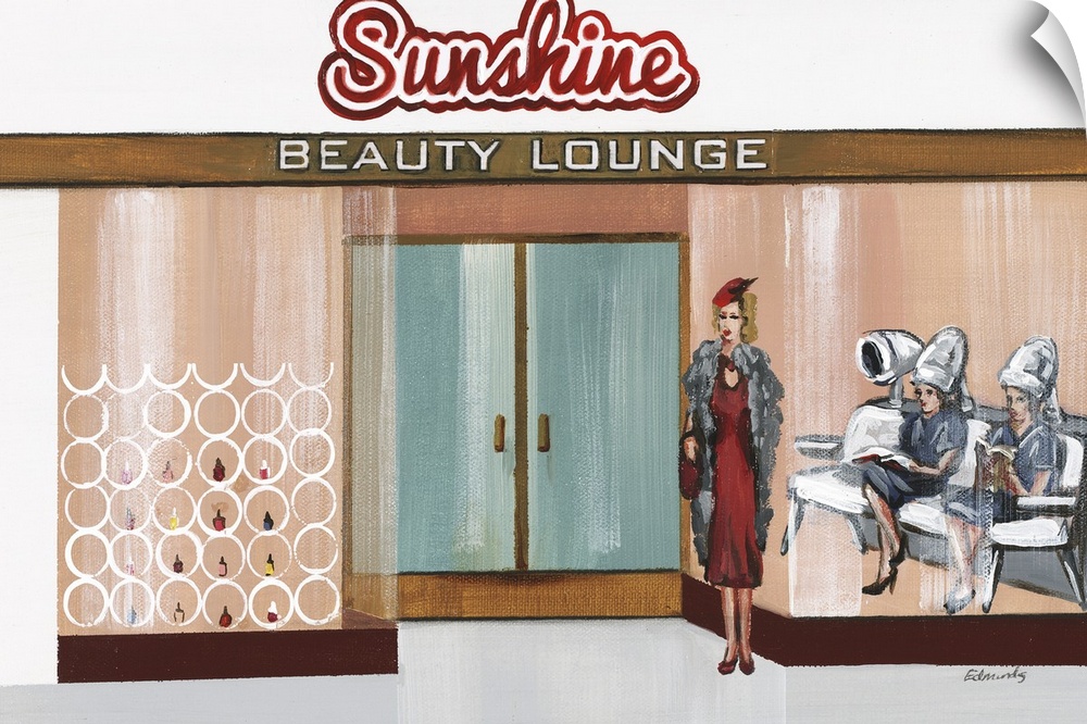 Contemporary painting of a woman in a red dress standing outside of a beauty lounge with two woman inside sitting under ha...