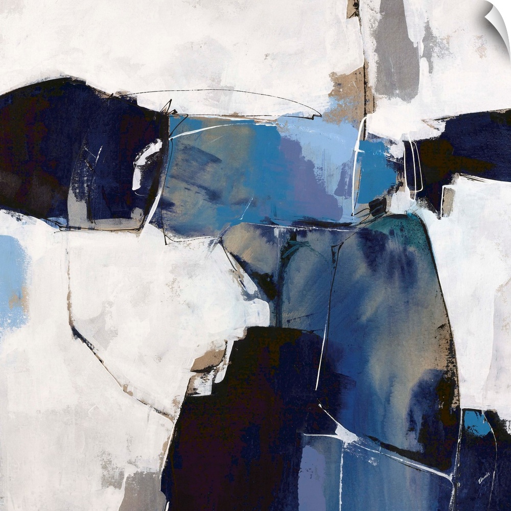 A bold, contemporary abstract in shades of blue and navy on an off-white background. Touches of bronze add a metallic edge...