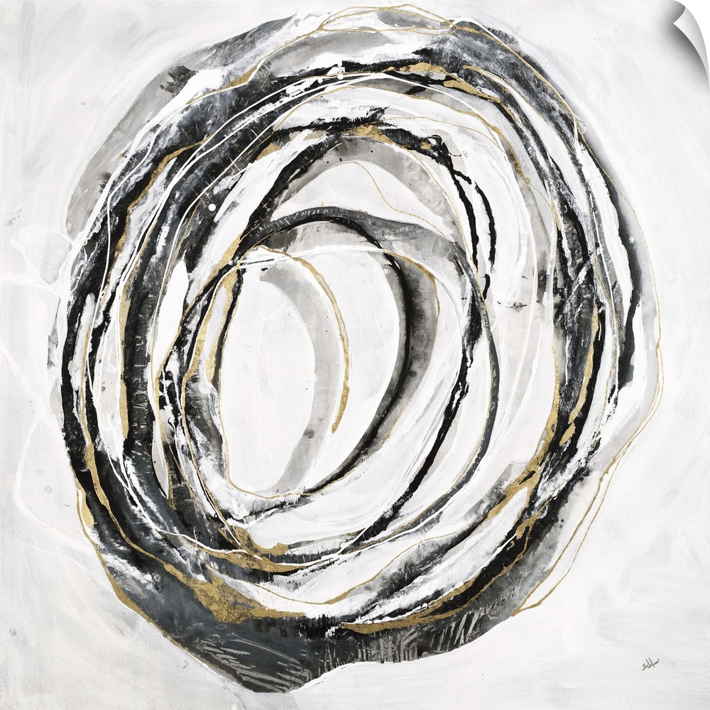 Square abstract art with thin black, gray, and gold lines making one big circle in the center of the canvas.