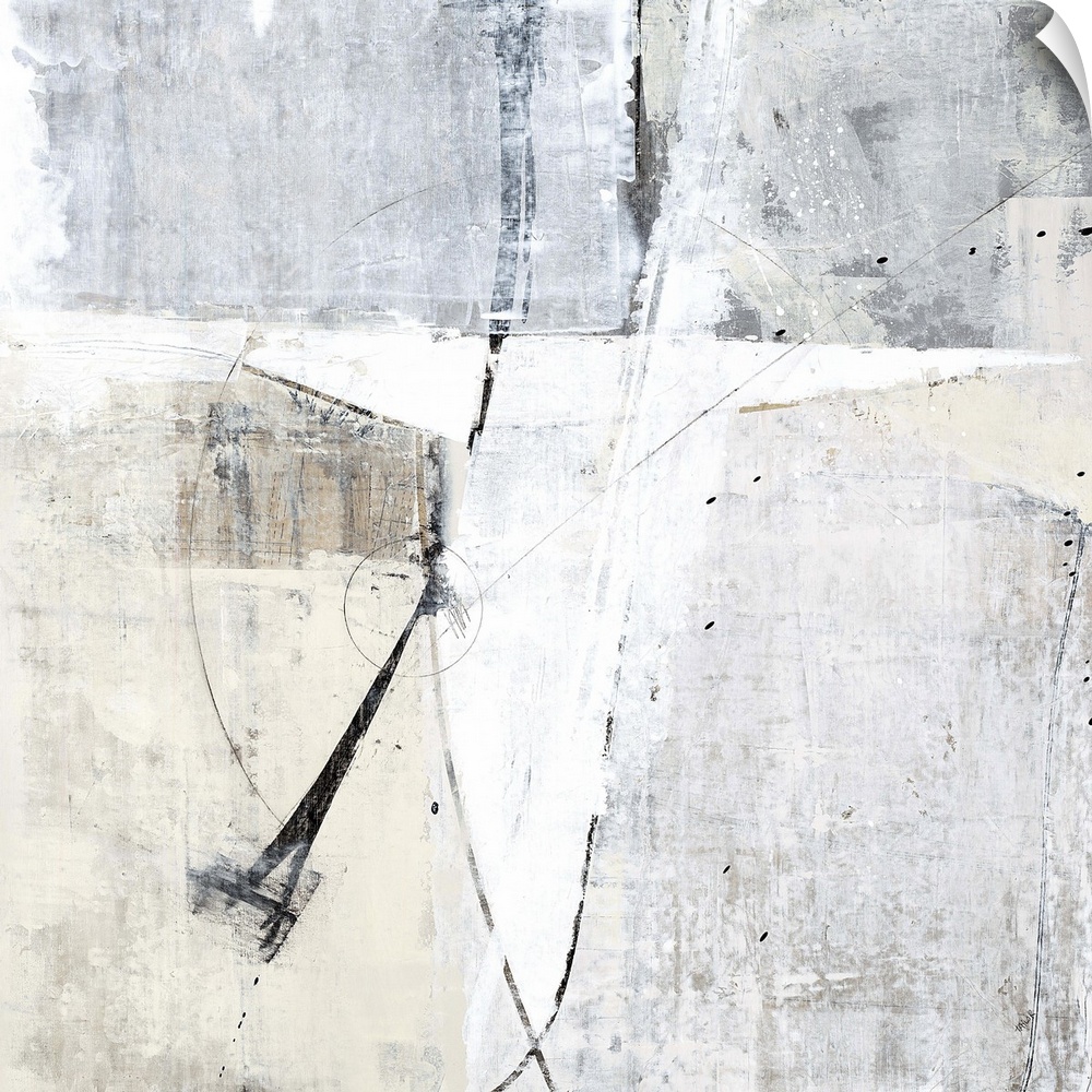 Square contemporary abstract painting with sections of gray, white, and tan hues with thin, black lines a circles throughout.