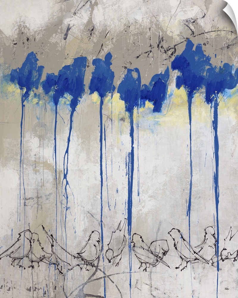 Contemporary abstract painting with beige, gray, blue, and yellow hues and a row of outlined birds at the bottom.