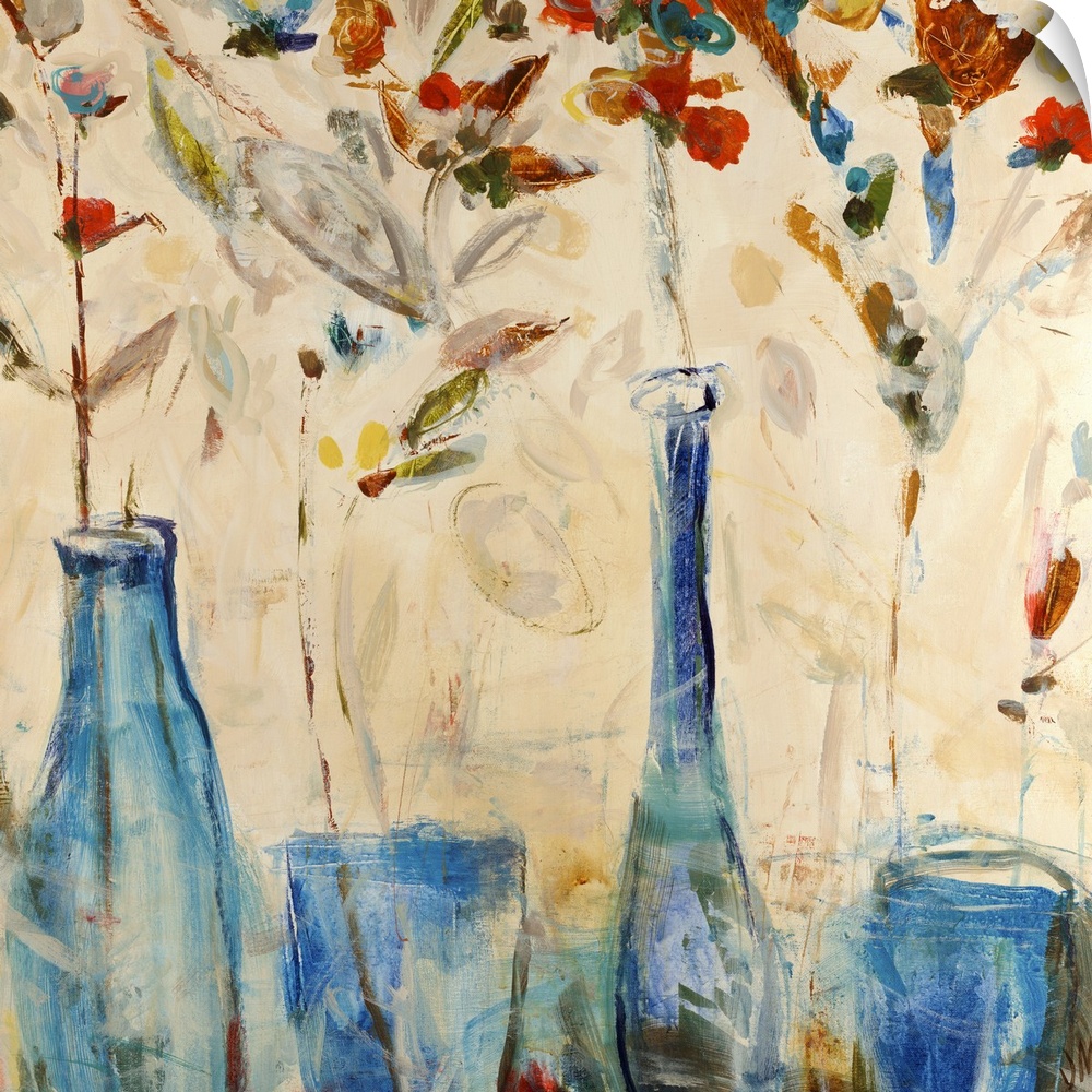 Blue vases line the bottom of the artwork as tall colorful flowers sprout from them.