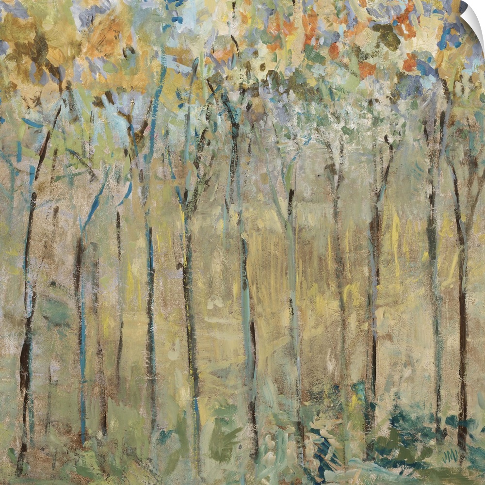 Contemporary artwork of a forest of thin trees with colorful leaves.