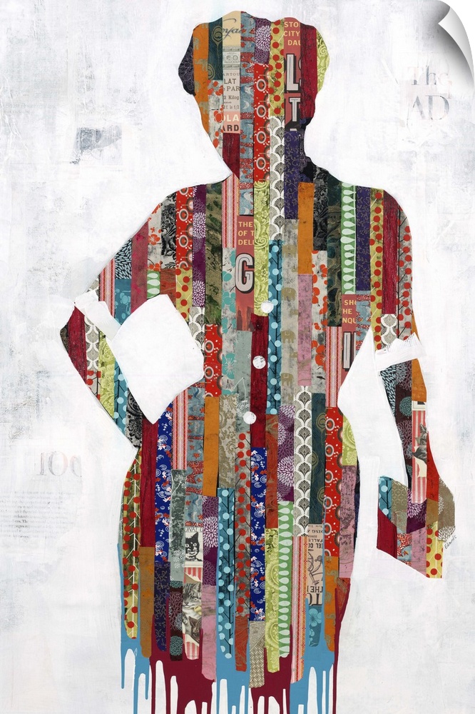 Contemporary painting of a woman in a dress with a clutch made of collage elements.