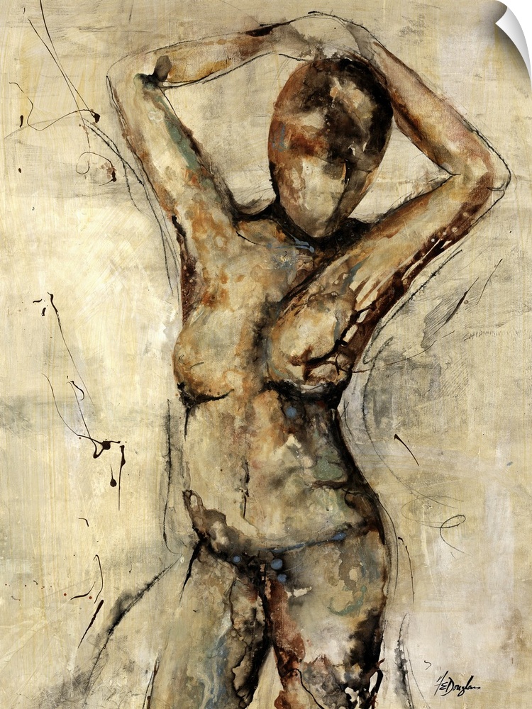 Contemporary abstract figurative painting of a woman standing with her hands folded over her head.  The image is void of a...