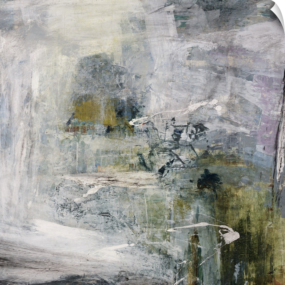 Contemporary abstract painting of a variety of gray tones with hints of muted green in a distressed fashion.