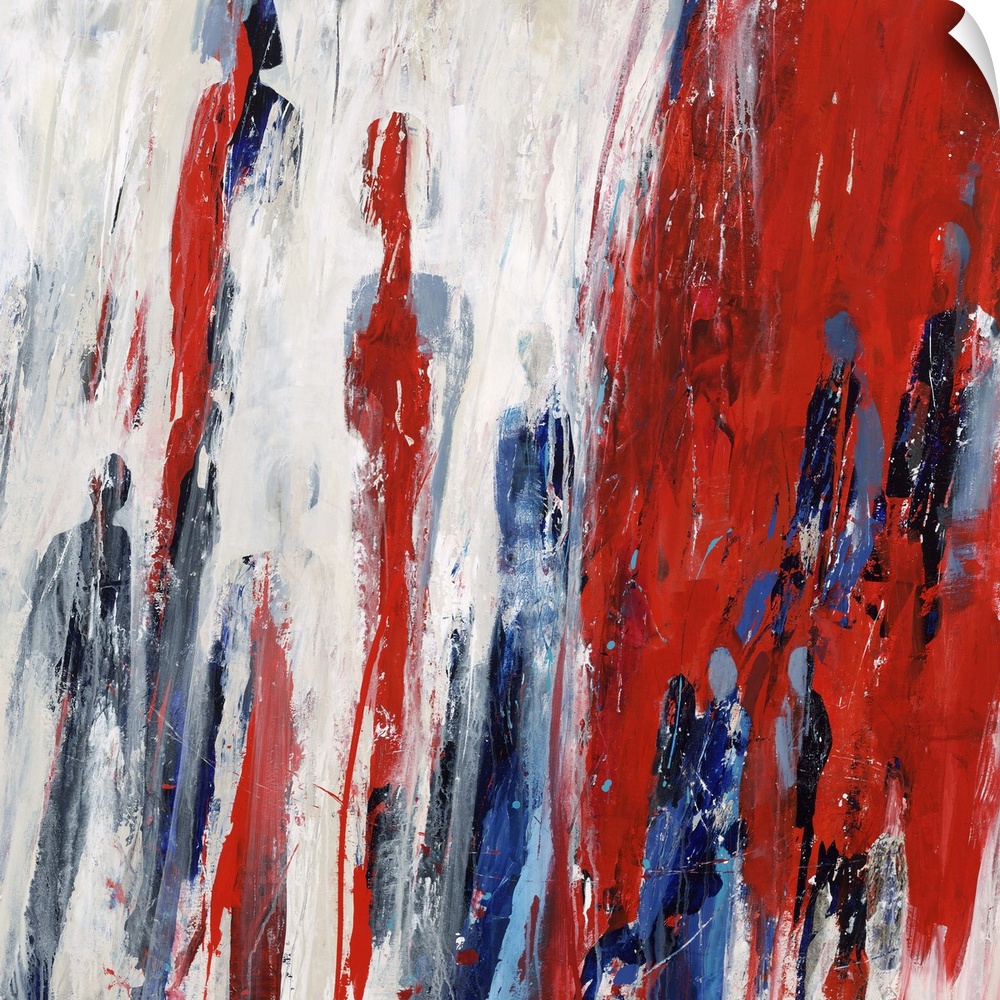 Abstract painting using deep red against a neutral toned background, with what looks like blue figures.