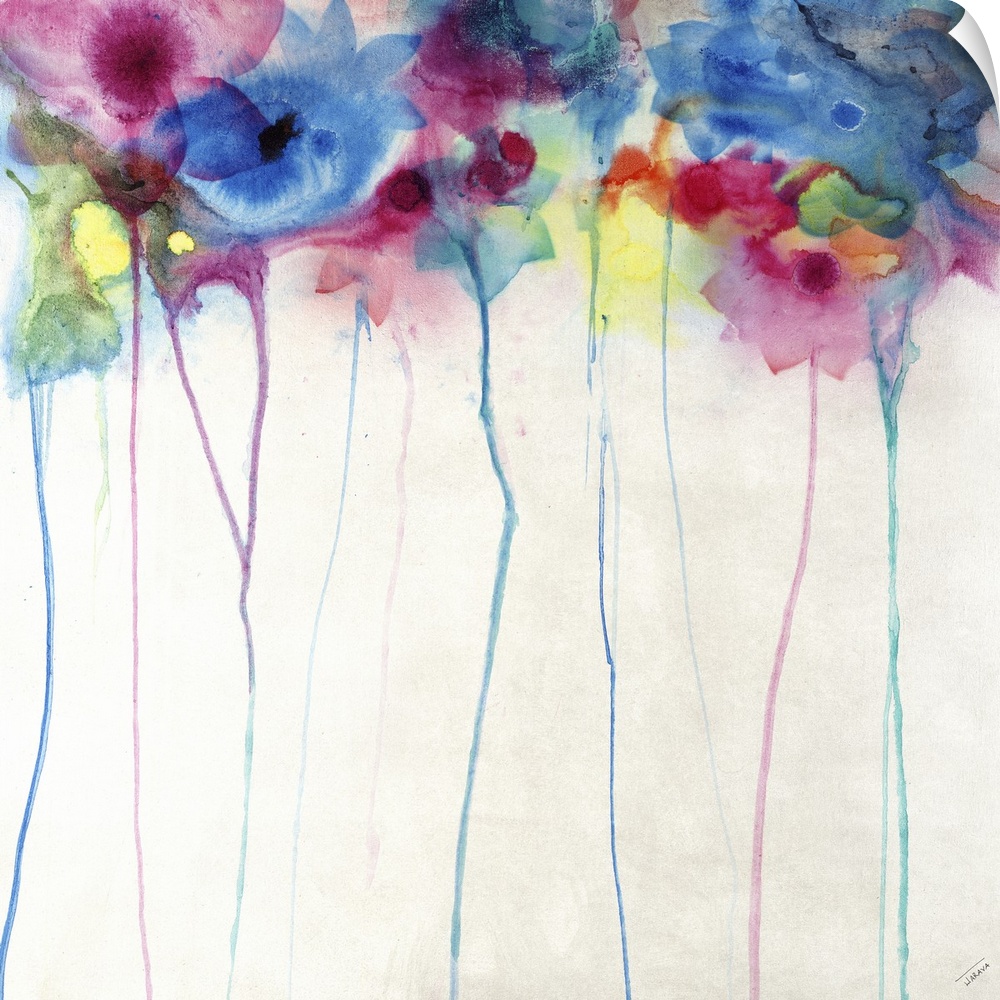 Vibrant, colorful flowers with long stems, in a faded watercolor style.