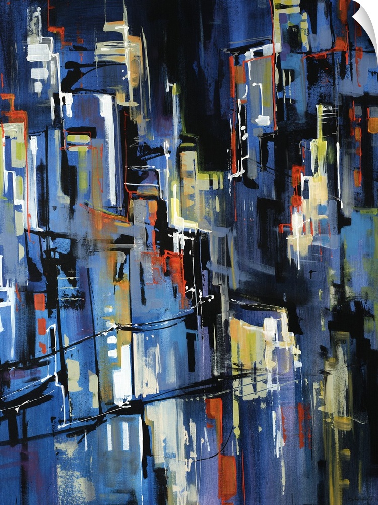 Large, vertical abstract painting in rough brushstrokes of a city packed with brightly lit buildings at night.
