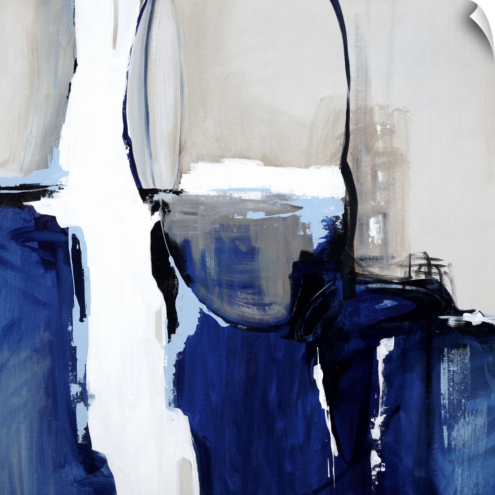 Contemporary abstract painting using dark blue, white and gray tones.