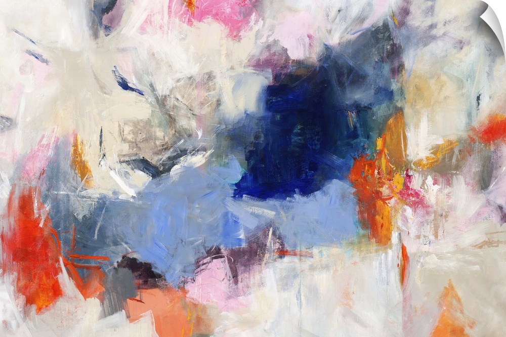 Large abstract painting with vibrant colors in clusters on top of a white, gray, and beige background.