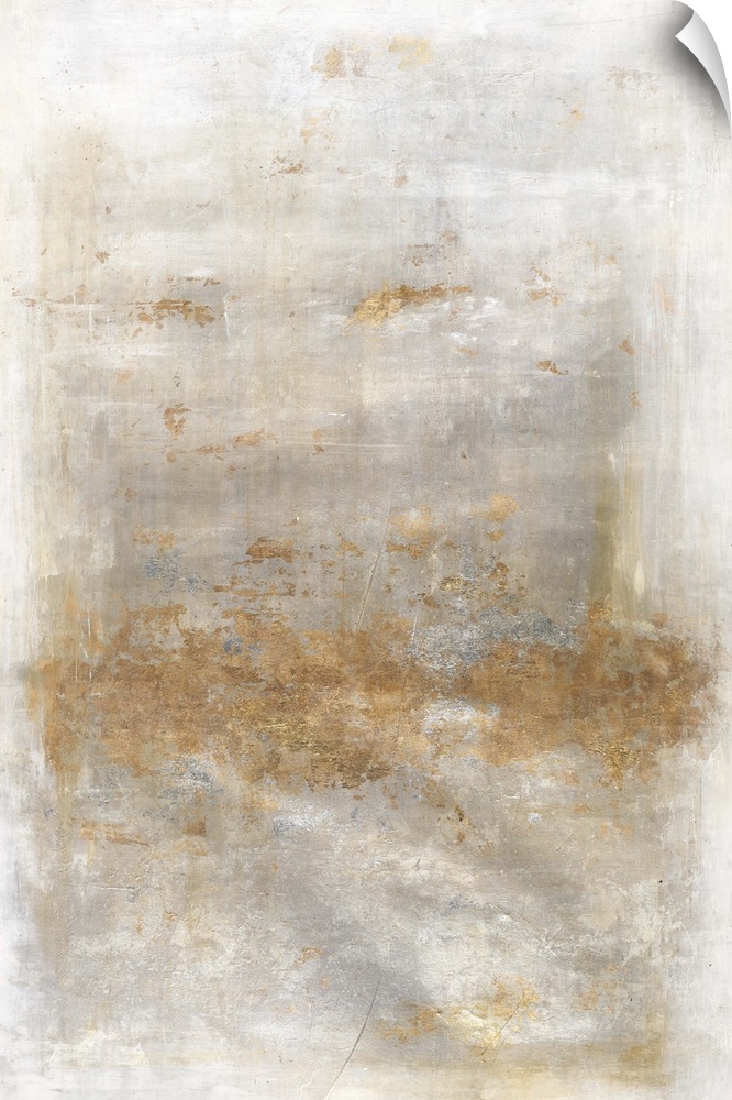Large abstract artwork with a gray and white background and metallic gold on top.