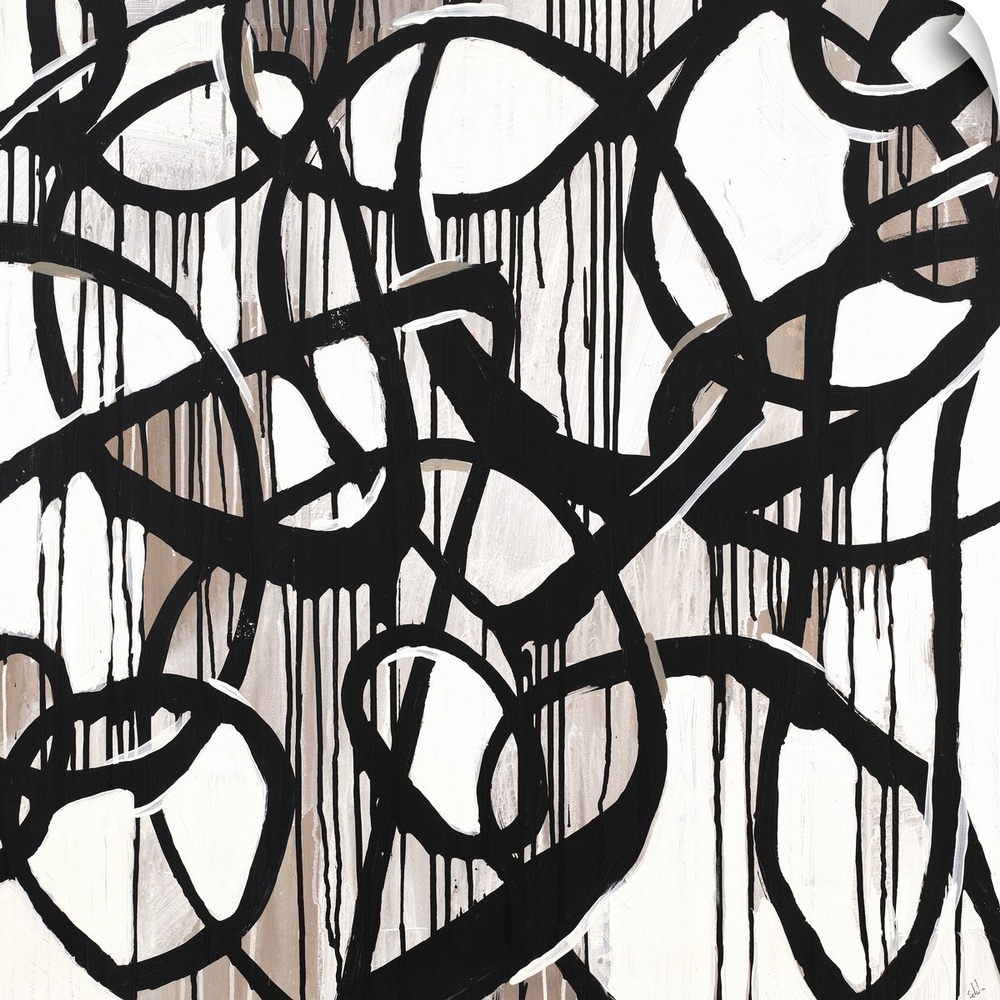 Contemporary high contrast abstract painting using deep black organic lines in a circular motion.