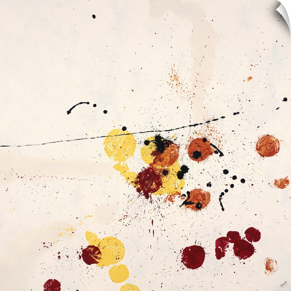 Abstract painting using red and yellow paint splatters on a neutral toned background.