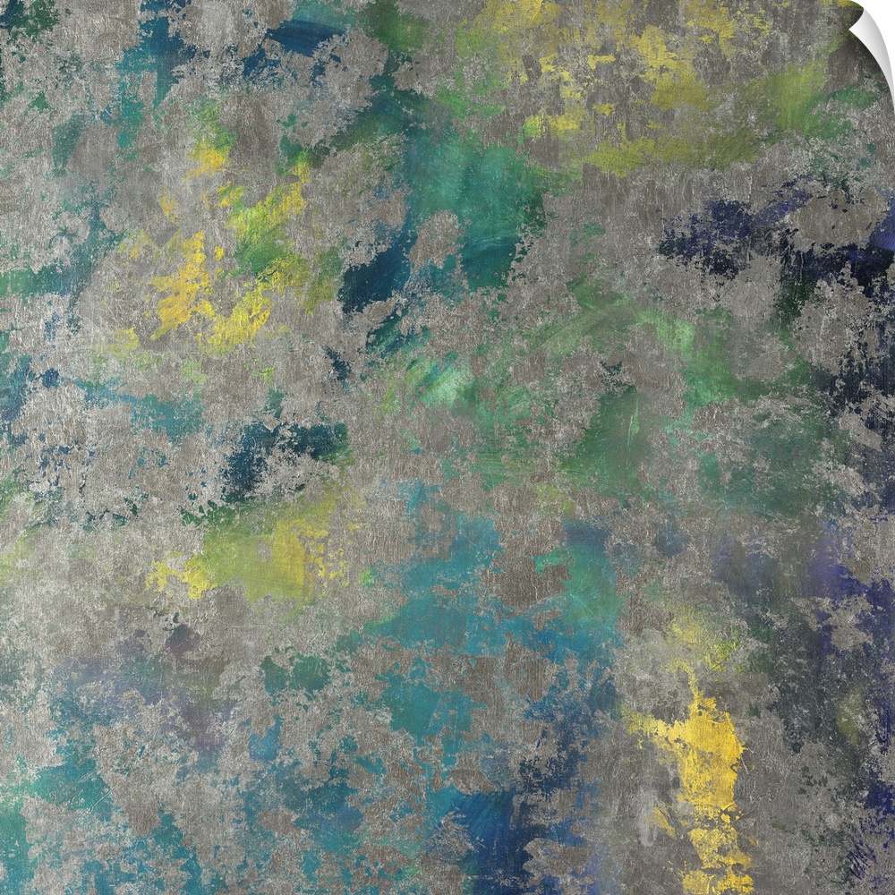 Abstract artwork that uses mostly cool colors with pops of yellow. Laid over those colors are splotches of grey.