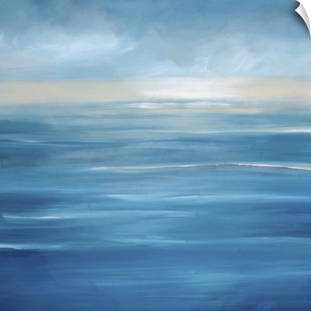 Contemporary seascape painting of a cool, calm blue ocean view.