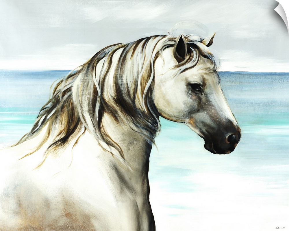 Up-close painting of horse with ocean in the background.