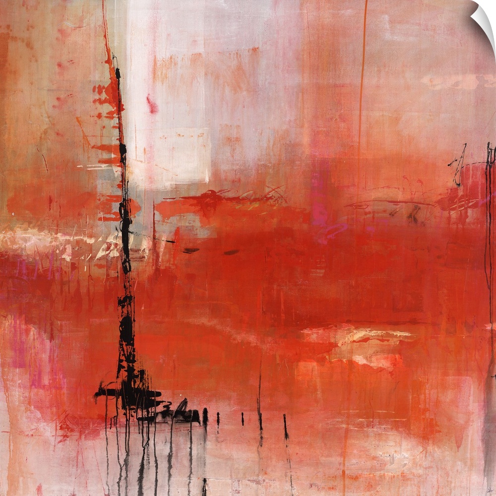Abstract painting of deep red and pale red tones, with a harsh black stroke off to the left.