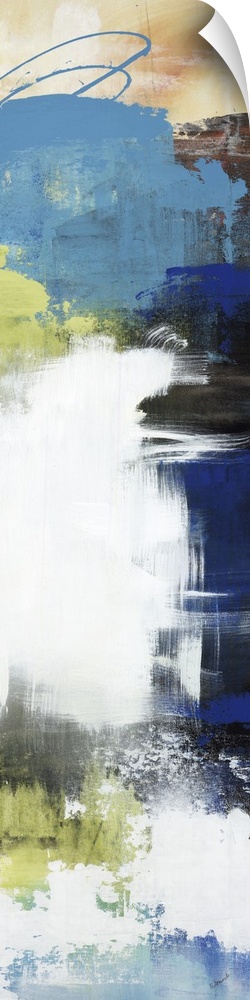 Large vertical abstract painting with bold strokes of paint in white, blue and green.