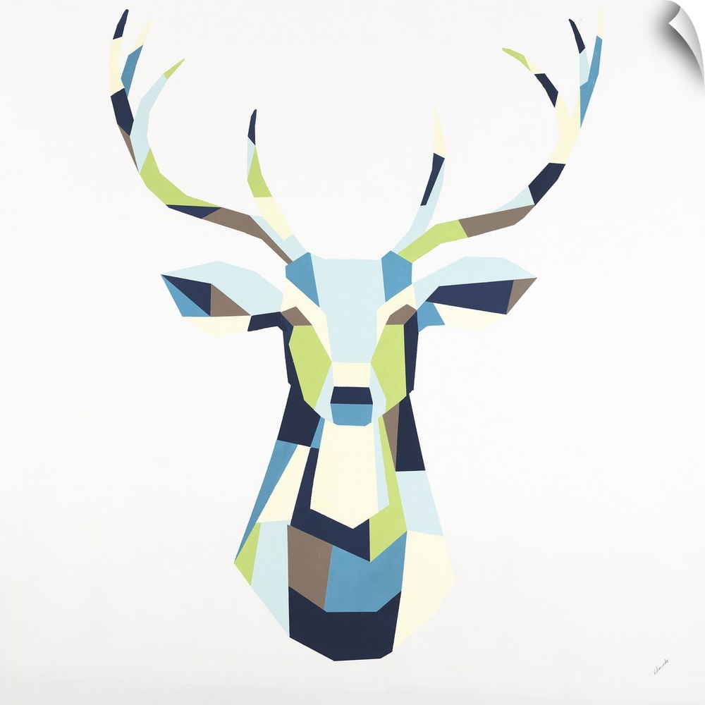 Painting of a deer with antlers using geometric colored shapes.