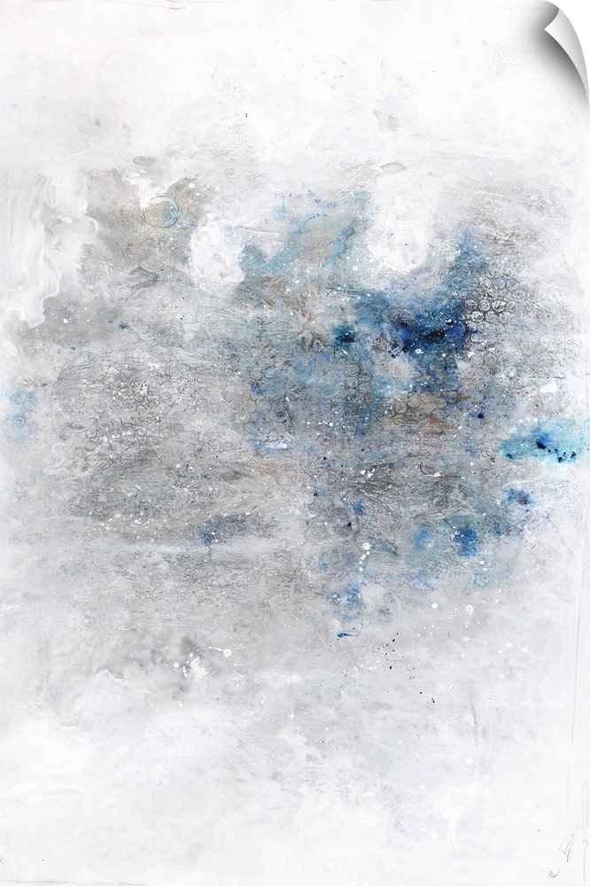 Large contemporary abstract artwork with silver and blue hues in the middle of a white background with faint circles poppi...