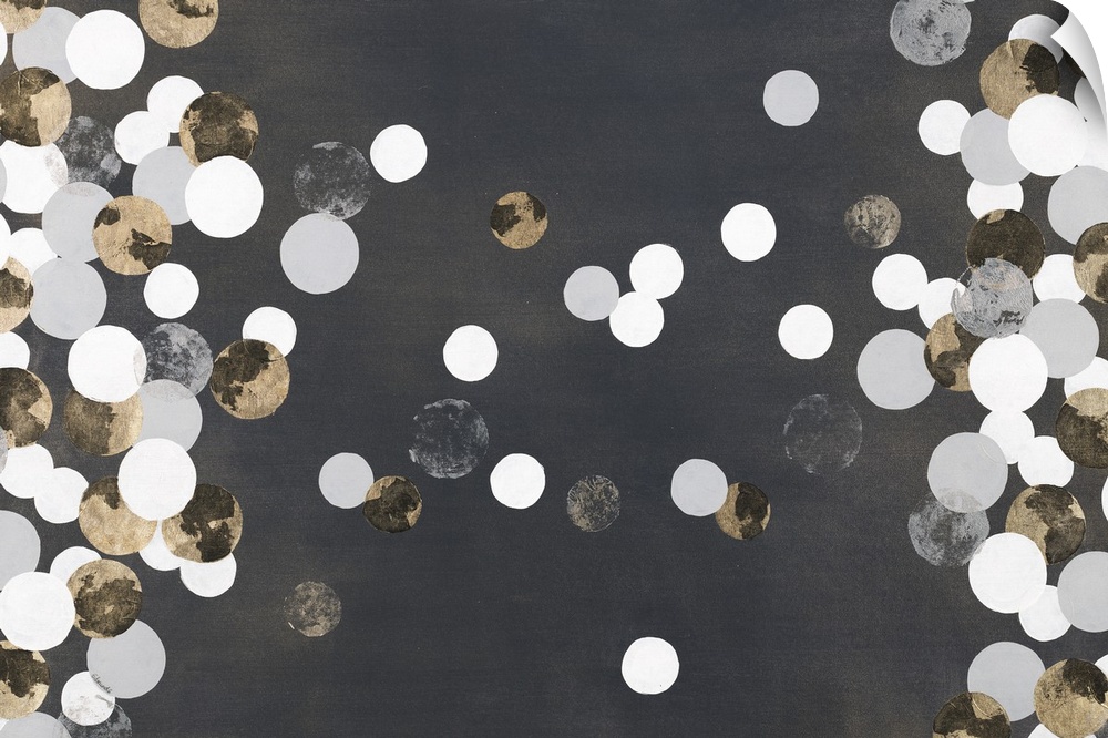 Contemporary abstract painting with silver and white dots floating over a black space.