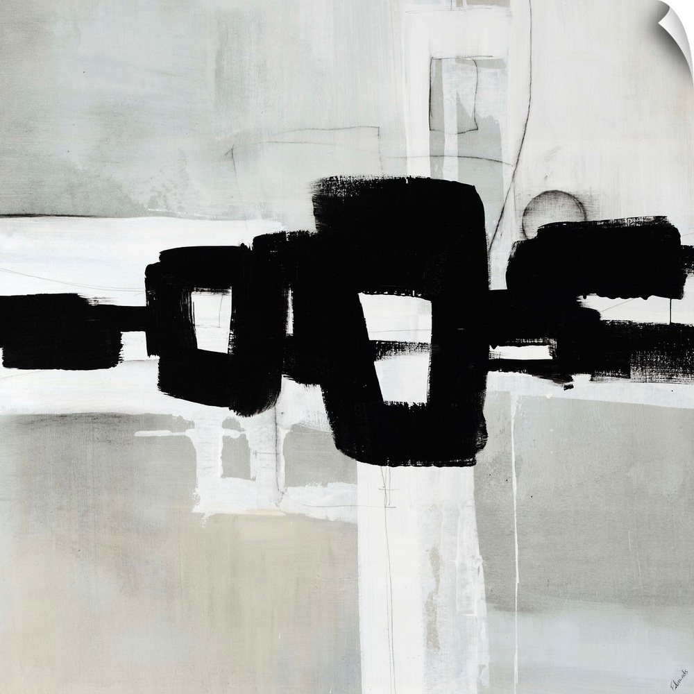 An abstract black-and-white painting with a soft gray-washed background and a bold geometric brushstroke design on top.