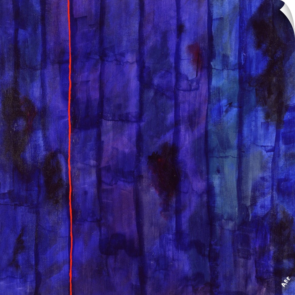 Contemporary abstract painting of a thin red line against a dark purple background.