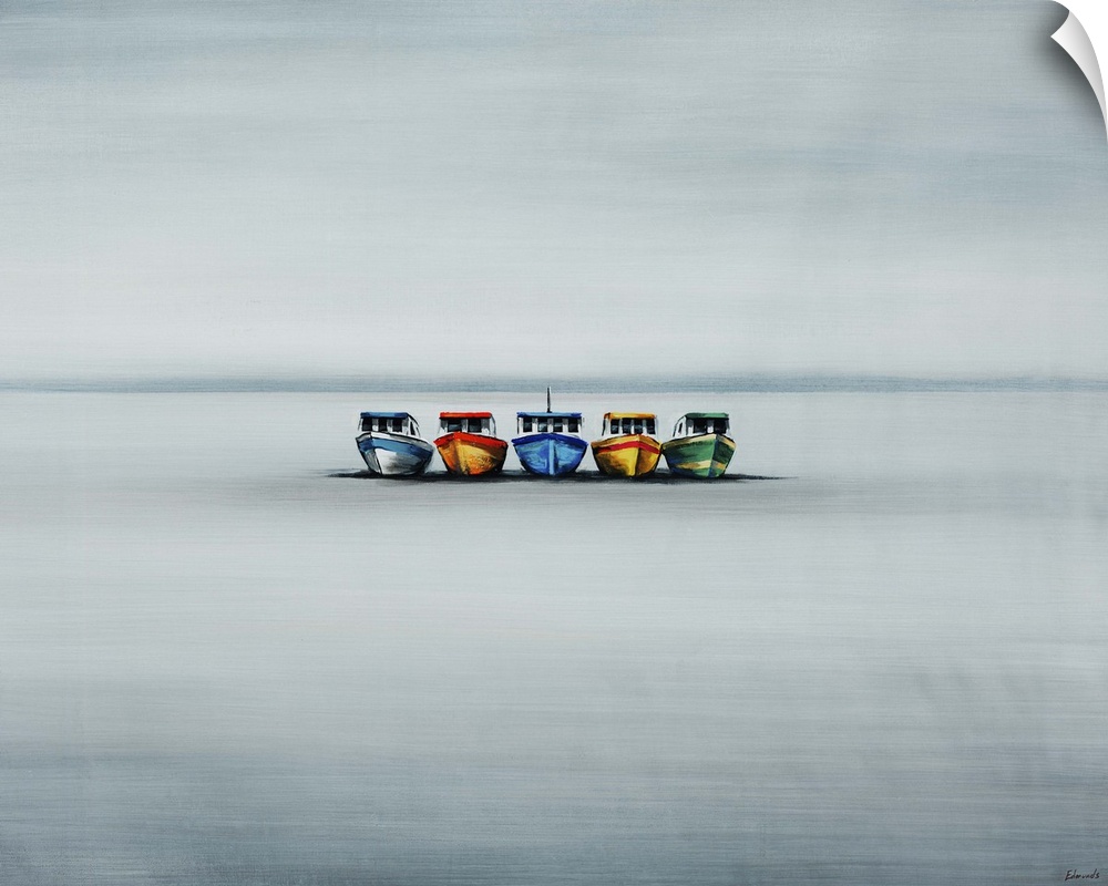 Contemporary painting of five small vibrant boats in various colors, sitting in the middle of still water beneath a dull, ...