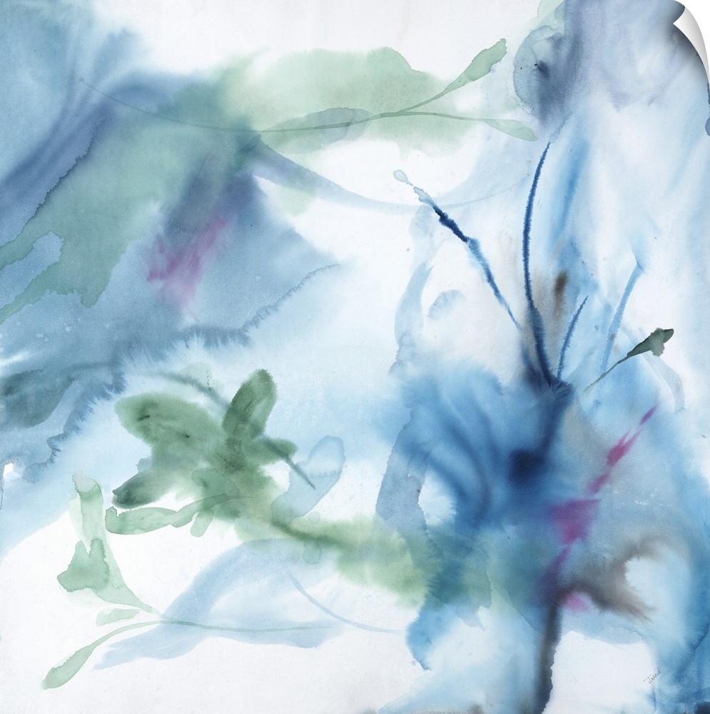 A contemporary watercolor painting of shapes resembling plants, fading into the white background.