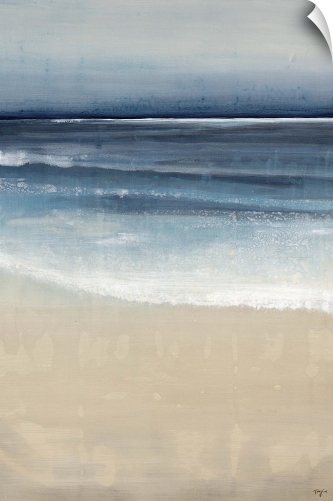 Contemporary painting of a peaceful beach scene, where the ocean and sand meet.