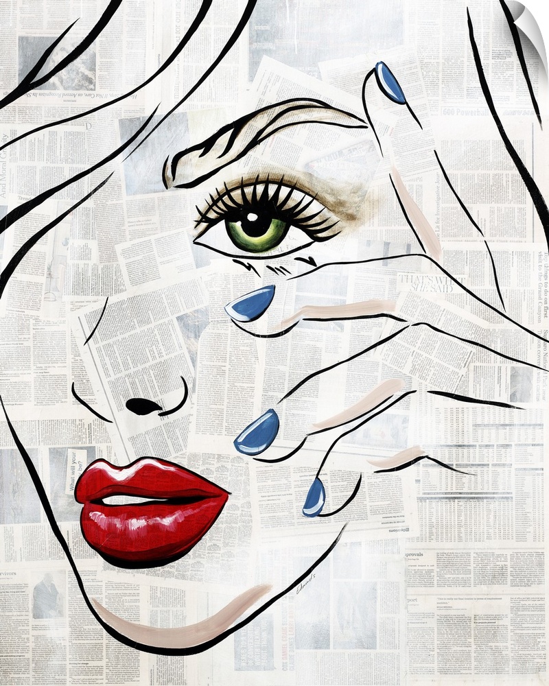 Illustration of a woman with blue painted fingernails and bright red lips, painted on a background made with newspaper cut...