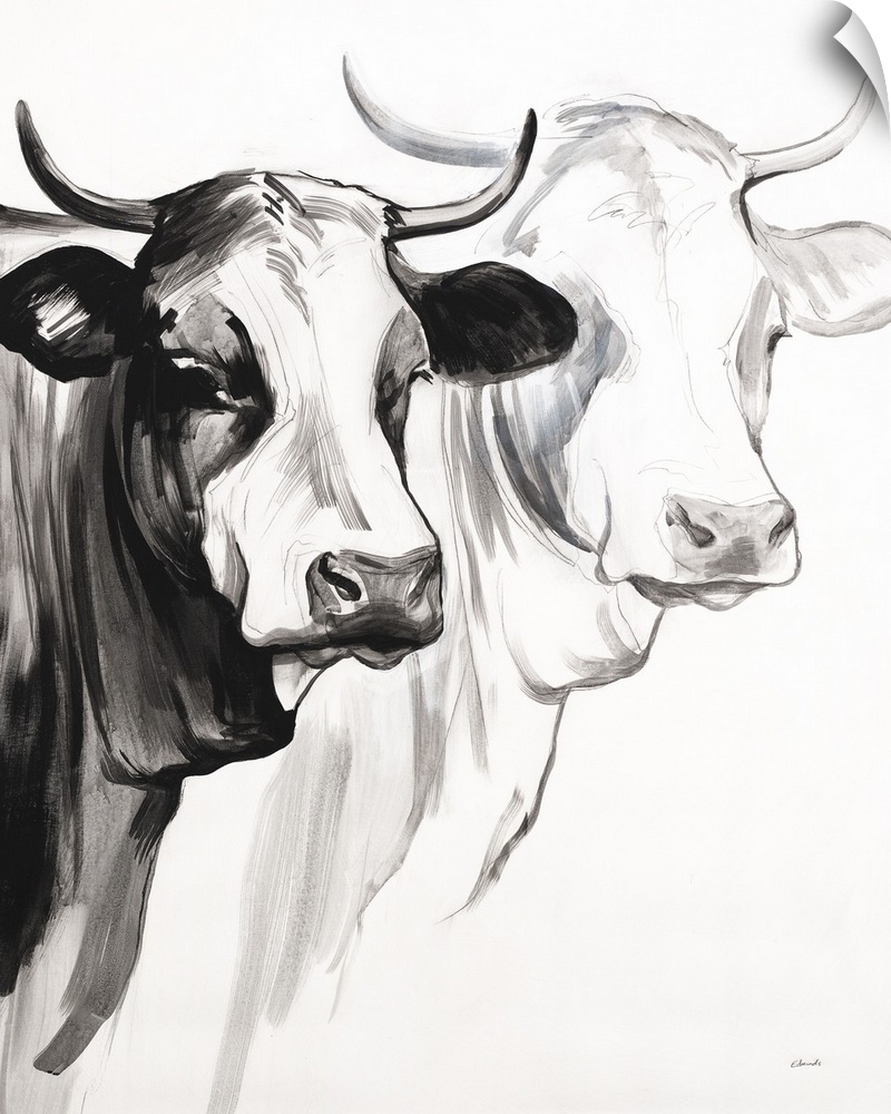 Black and white panting of two cows with horns on a white background.