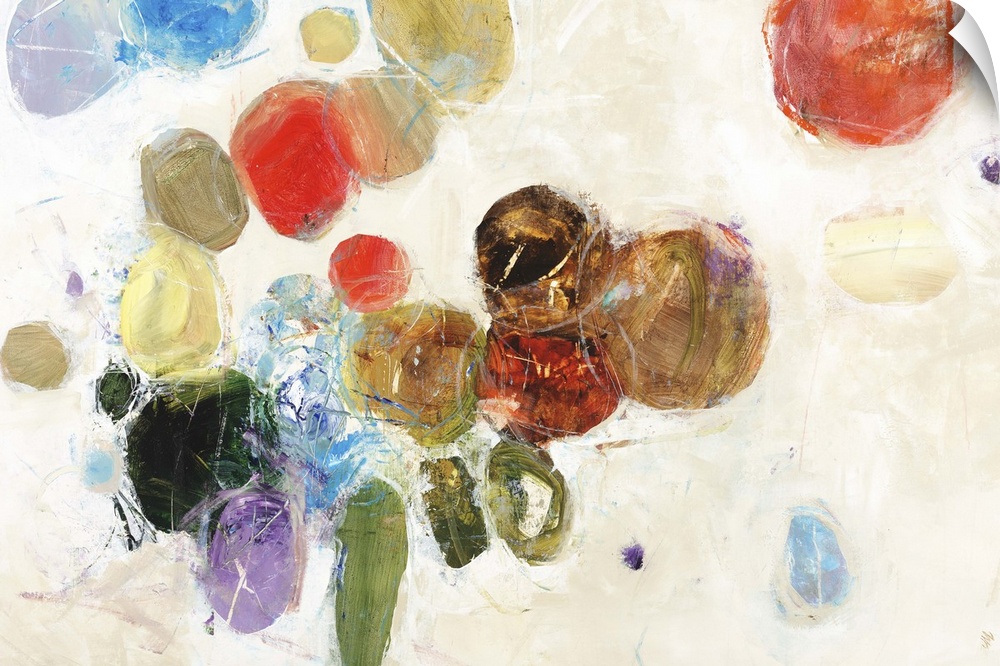Contemporary abstract painting of several colorful circular shapes against white.