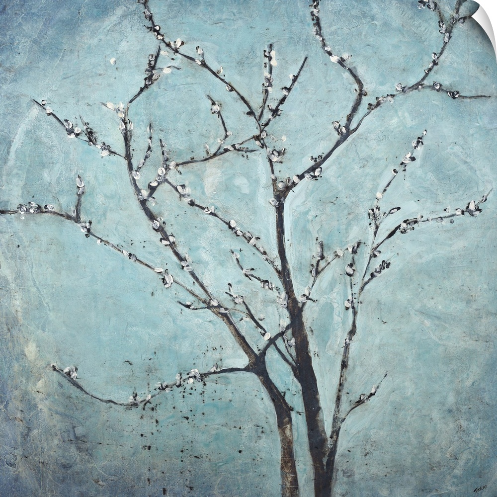 Contemporary painting of flowering branches against a hazy blue background.