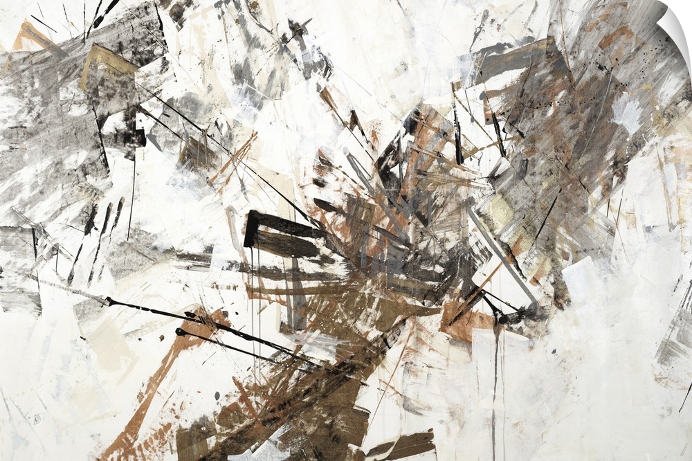 Abstract painting of a textured design in shades of white and light gray with accents of brown throughout.