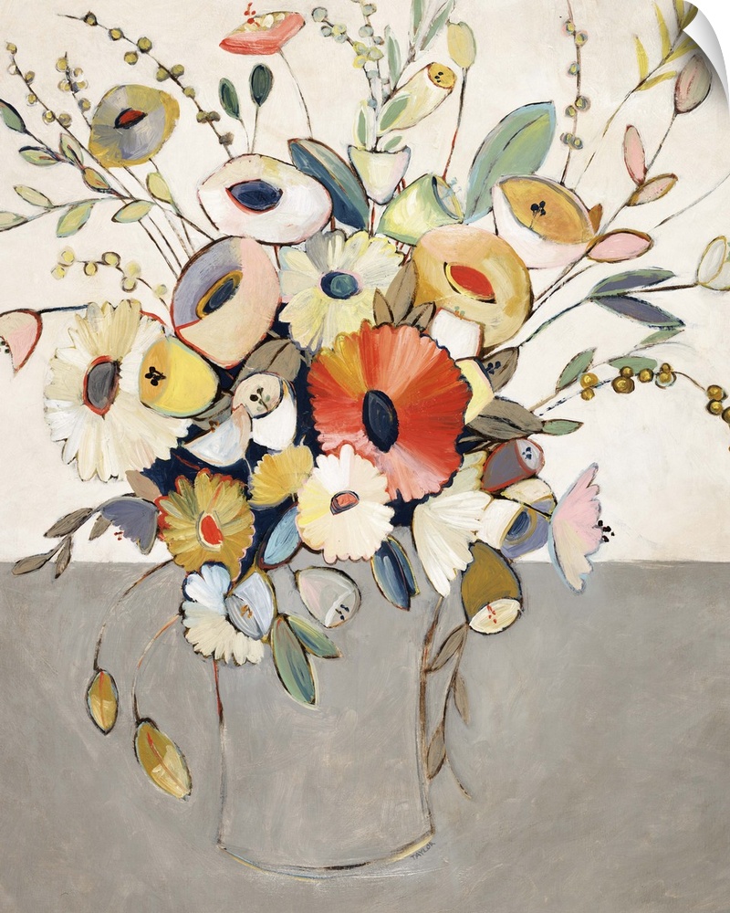 A contemporary painting of a colorful bouquet of flowers.