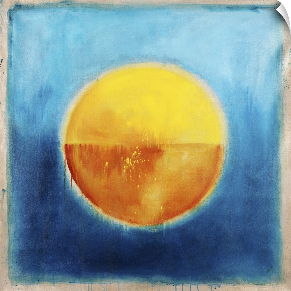 Contemporary abstract painting using vibrant colors t make circle of gold in the center of a blue background.